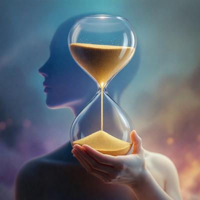 The primary subject of the image is a person holding a large, golden sand clock. The setting is a cloudy sky, and the visual style appears to be a digital art or illustration. The colors in the image are predominantly blue and yellow, creating a calm and serene atmosphere.